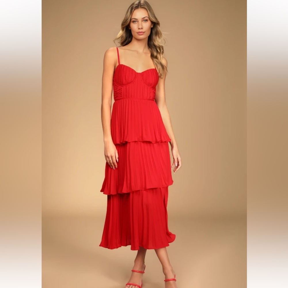 Cascading Crush Red Tiered Bustier Midi Dress